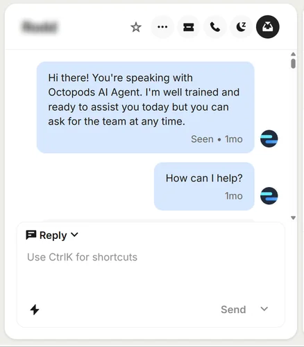 Fin AI Agent replying on a messaging channel in an Intercom conversation