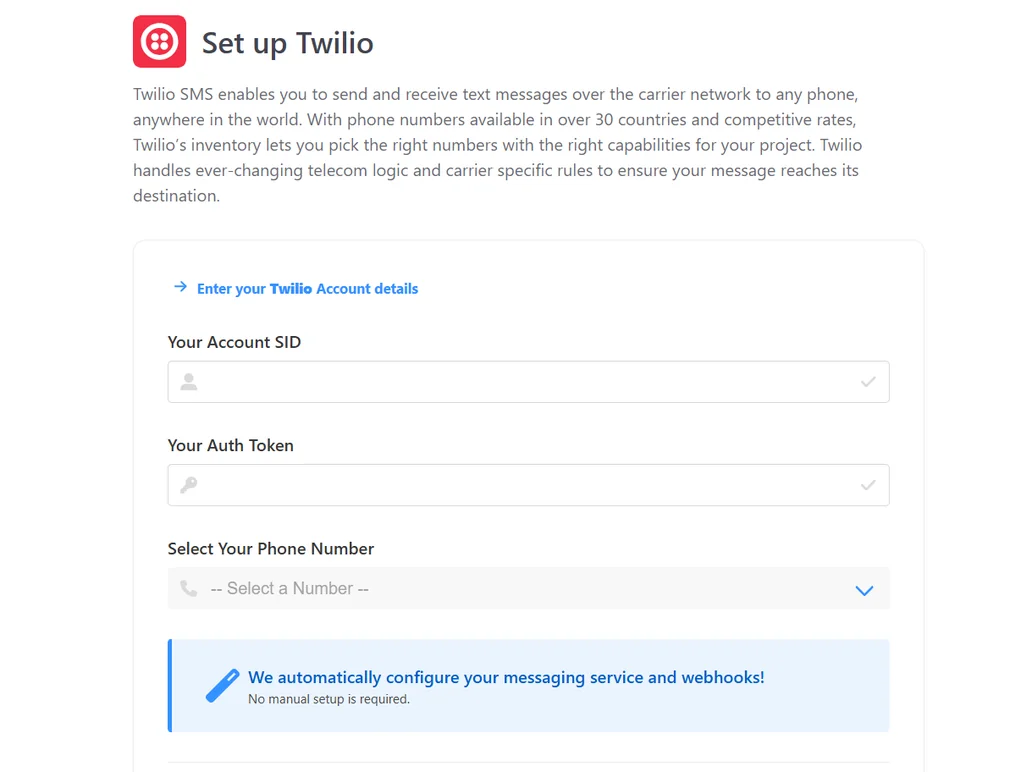 Setting up the Intercom SMS integration by entering a Twilio Account SID, Auth Token and phone number